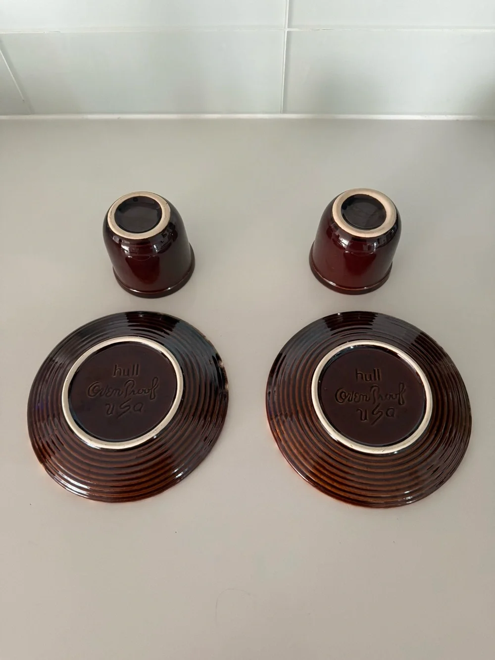 Set of 2 Hull brown drip salad plates with cups 4 piece vintage dinnerware